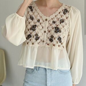 SHEIN Cream Crochet Floral Peplum Blouse